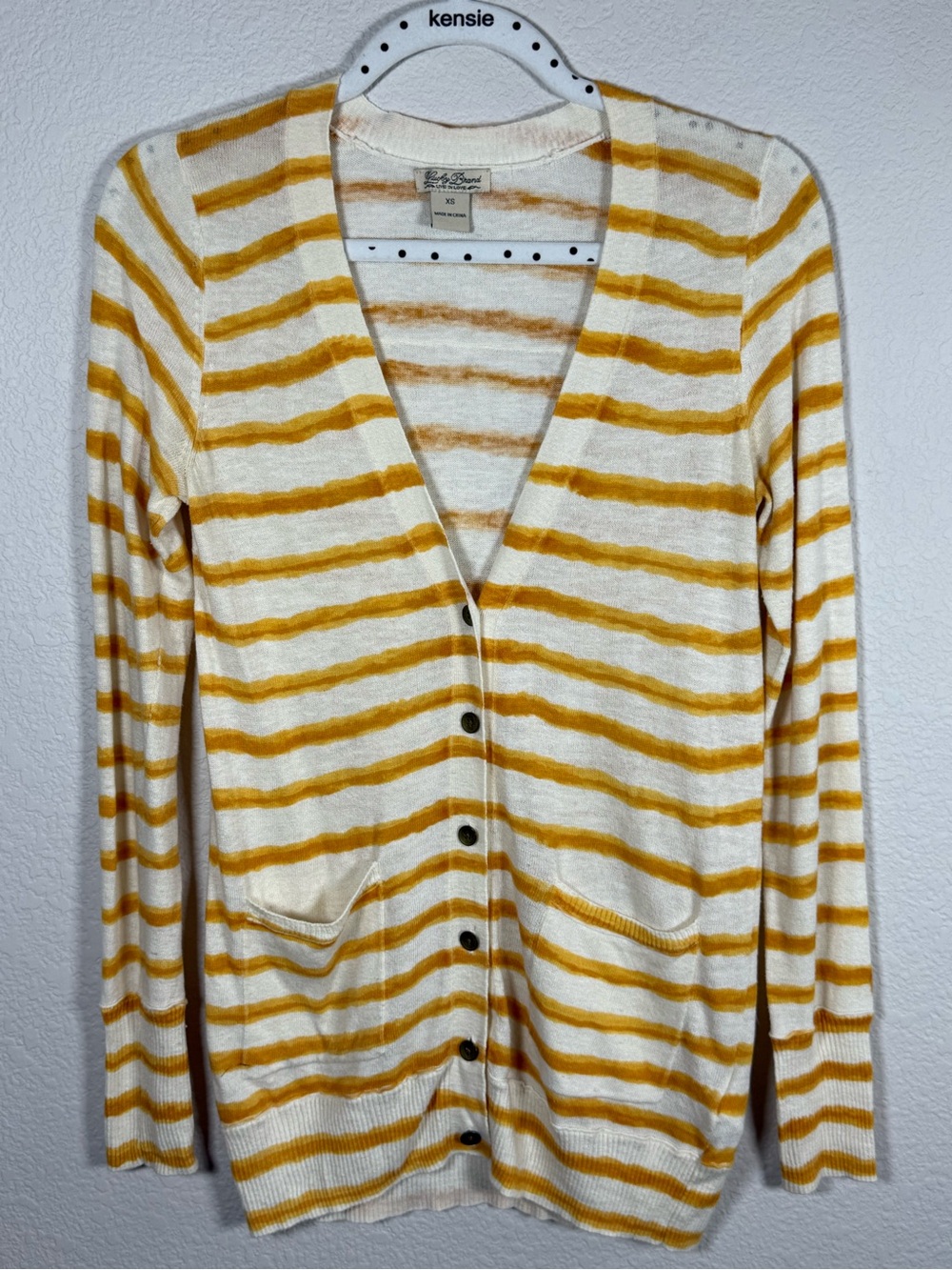 Lucky Brand Yellow & White Striped V-Neck Button Cardigan. Size XS
